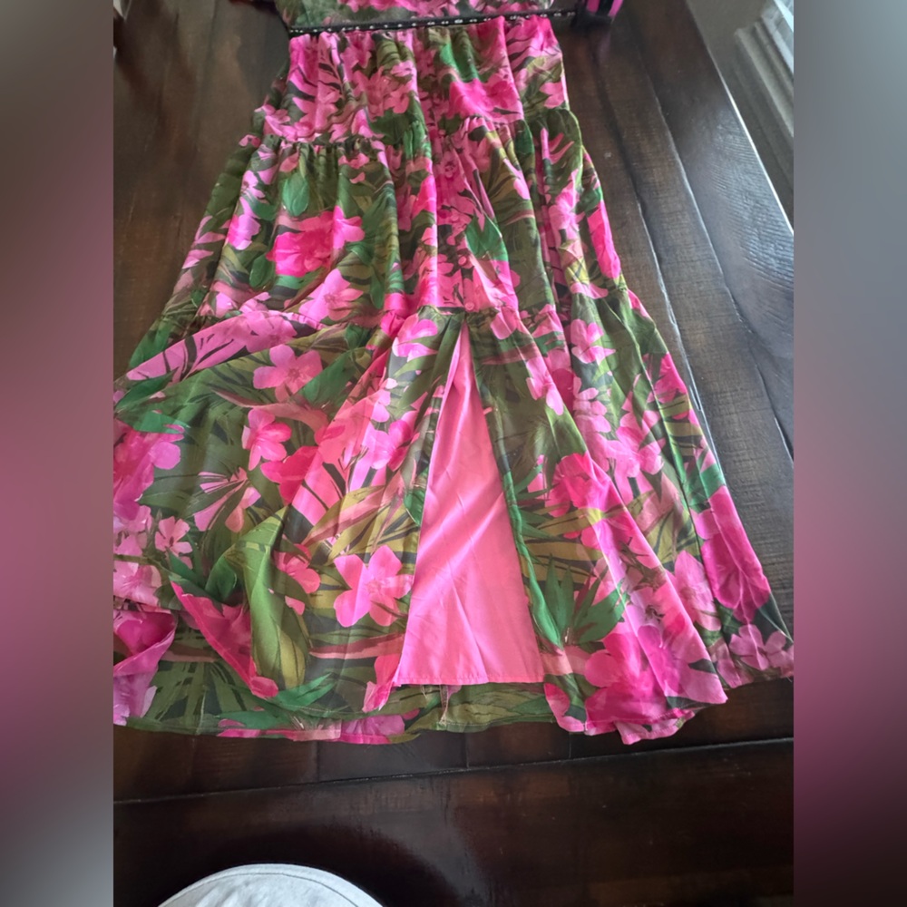 Sugarlips Tropical Floral Tiered Maxi Dress Pink Green Floral - Picture 9 of 9
